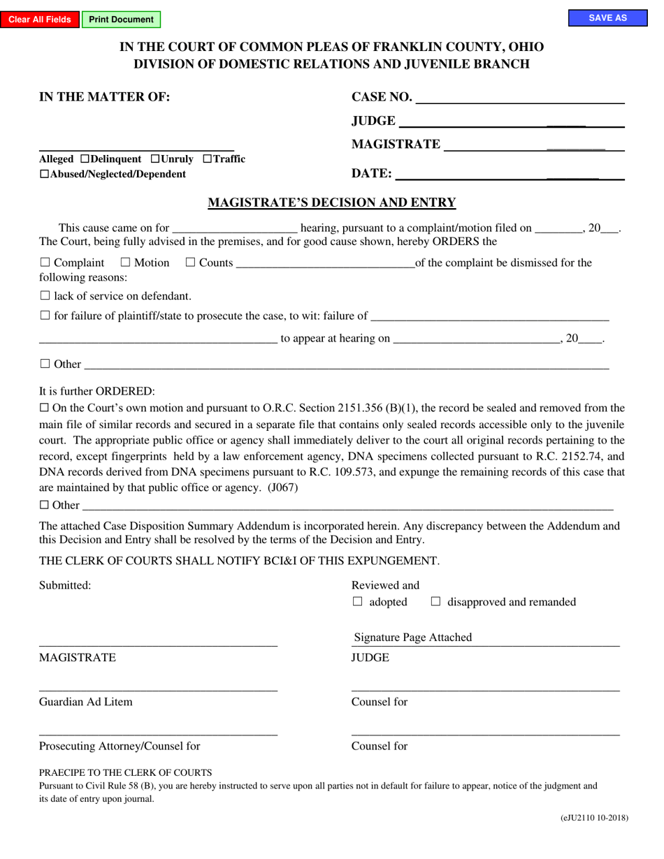 Form eJU2110 Magistrates Decision and Entry - Franklin County, Ohio, Page 1