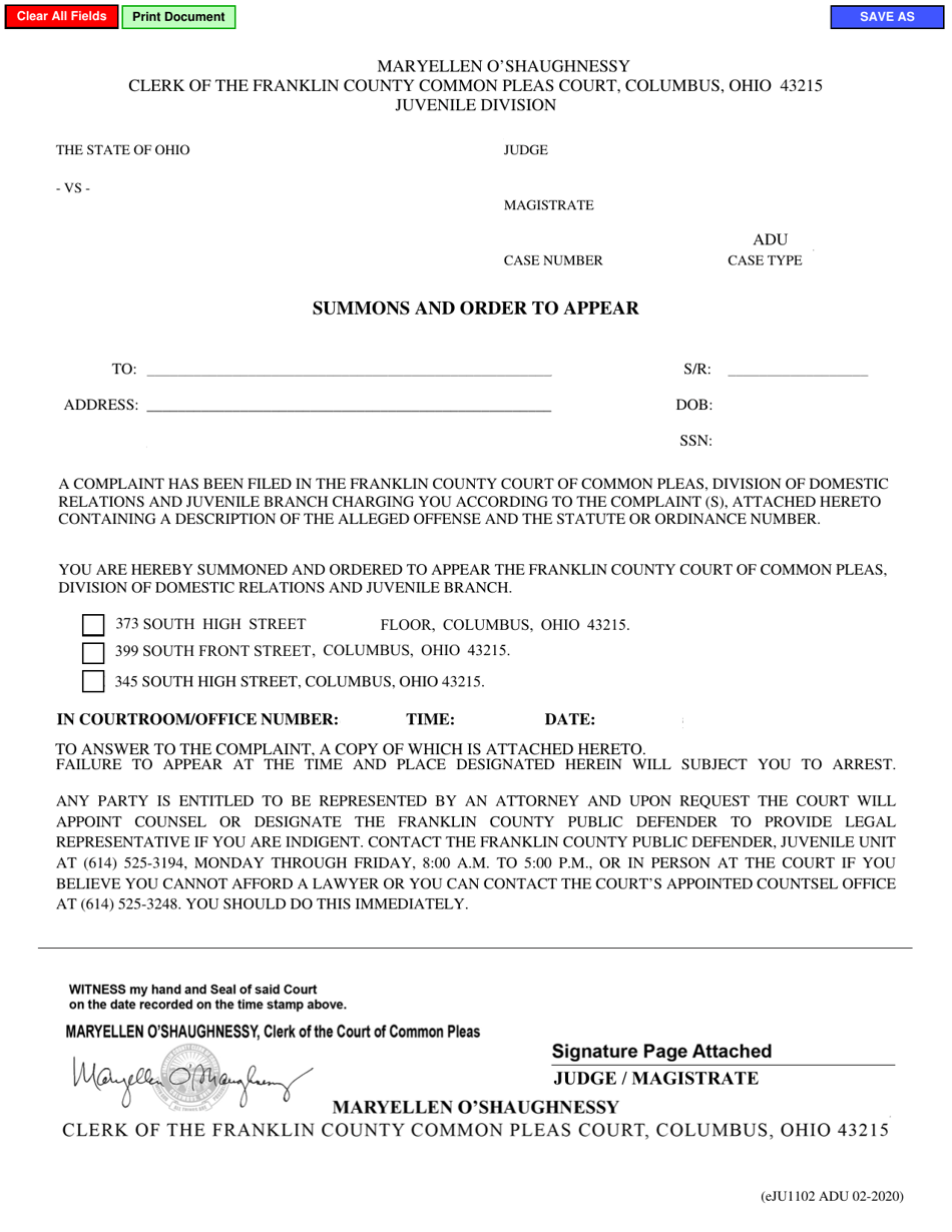 Form eJU1102 Summons and Order to Appear - Adult - Franklin County, Ohio, Page 1
