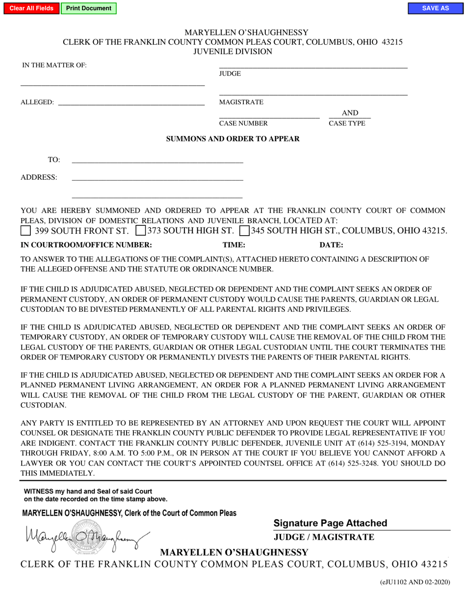 Form eJU1102 Summons and Order to Appear - Franklin County, Ohio, Page 1
