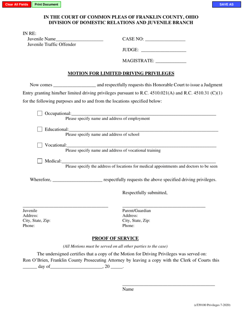 Form eTJ9100 Motion for Limited Driving Privileges - Franklin County, Ohio