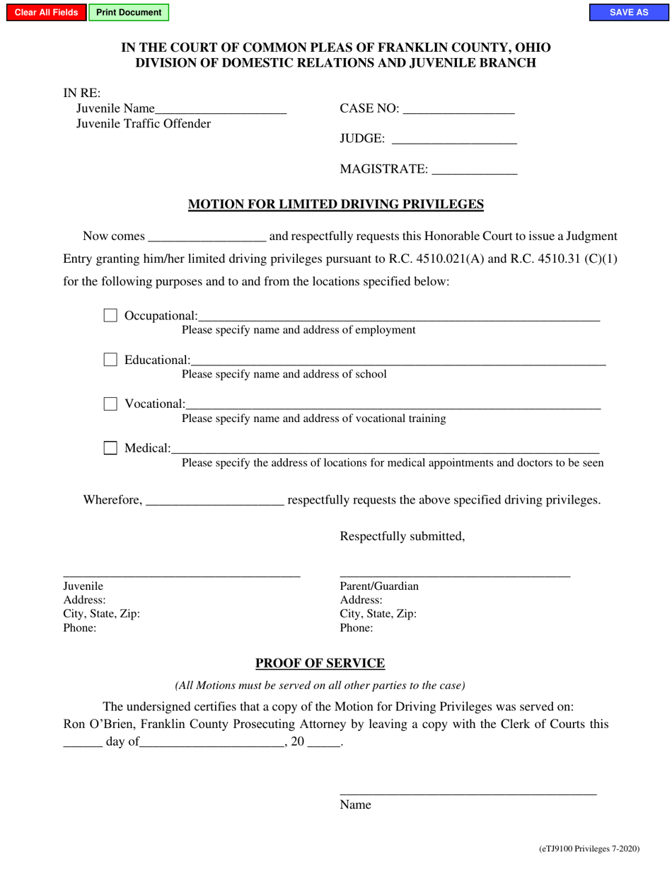 Form eTJ9100 Motion for Limited Driving Privileges - Franklin County, Ohio, Page 1
