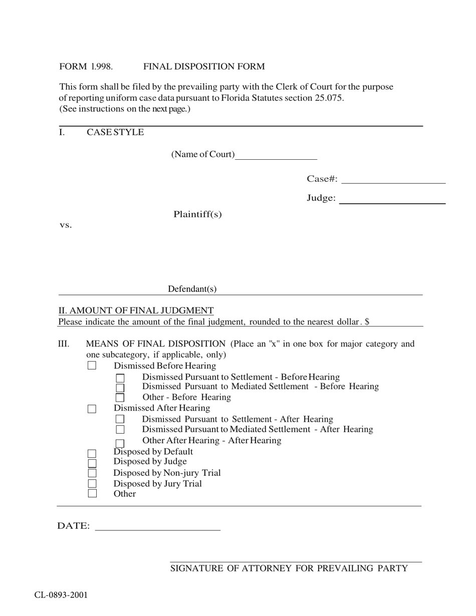 Form 1.998 (CL-0893-2001) Final Disposition Form - Volusia County, Florida, Page 1