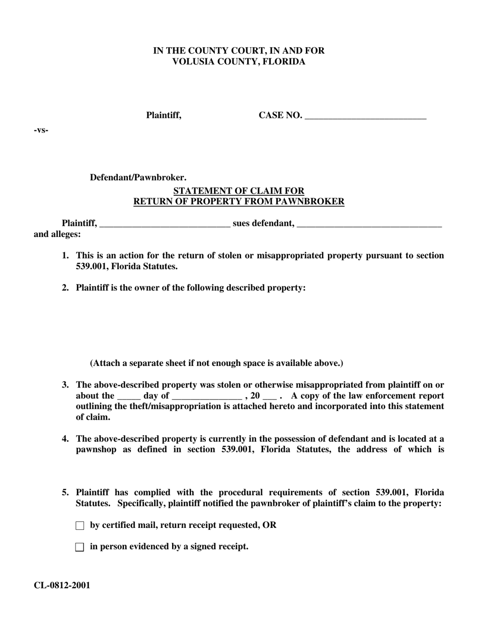 Form CL-0812-2001 Statement of Claim for Return of Property From Pawnbroker - Volusia County, Florida, Page 1