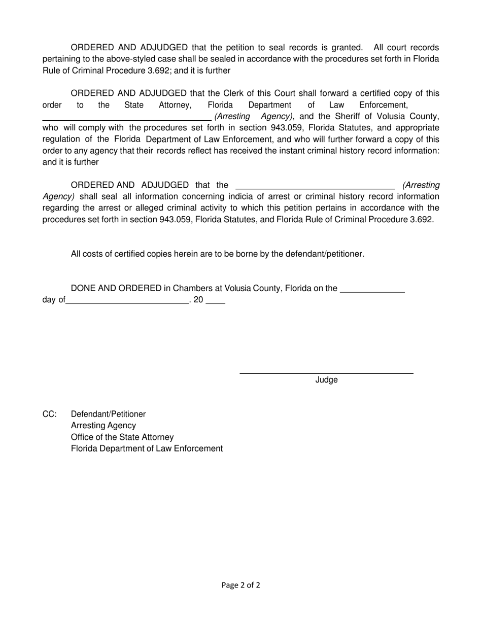 Order to Seal Records Under Section 943.059, Florida Statutes, and Florida Rule of Criminal Procedure 3.692 - Volusia County, Florida, Page 2