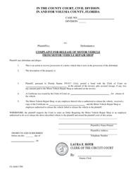 Document preview: Form CL-0440-1709 Complaint for Release of Motor Vehicle From Motor Vehicle Repair Shop - Volusia County, Florida