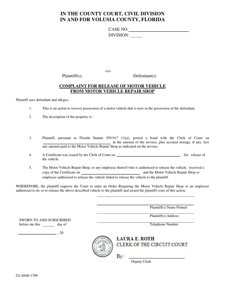 Form CL-0440-1709 Complaint for Release of Motor Vehicle From Motor Vehicle Repair Shop - Volusia County, Florida, Page 1