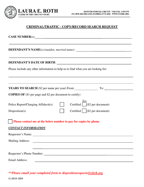 Form CL-0019-1804 Criminal/Traffic - Copy/Record Search Request - Volusia County, Florida