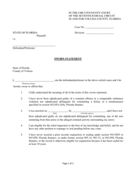 Document preview: Sworn Statement to Seal or Expunge - Volusia County, Florida