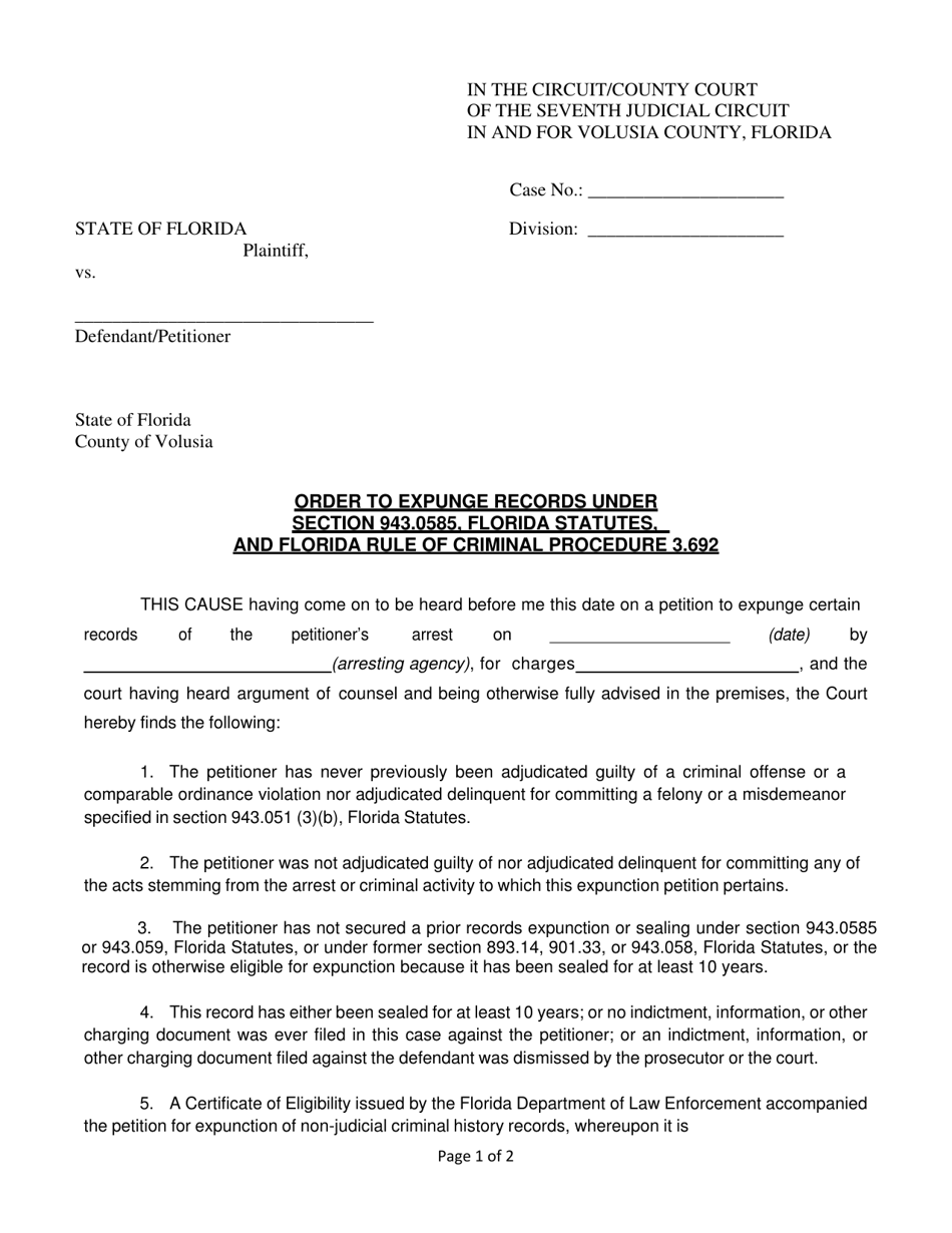 Volusia County, Florida Order to Expunge Records Under Section 943.0585