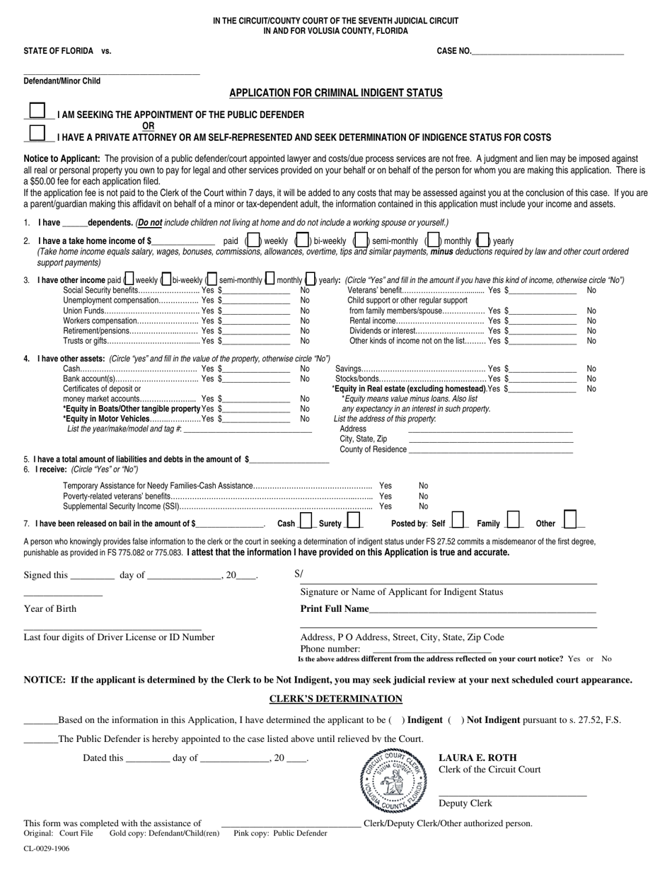 Form CL-0029-1906 Application for Criminal Indigent Status - Volusia County, Florida, Page 1