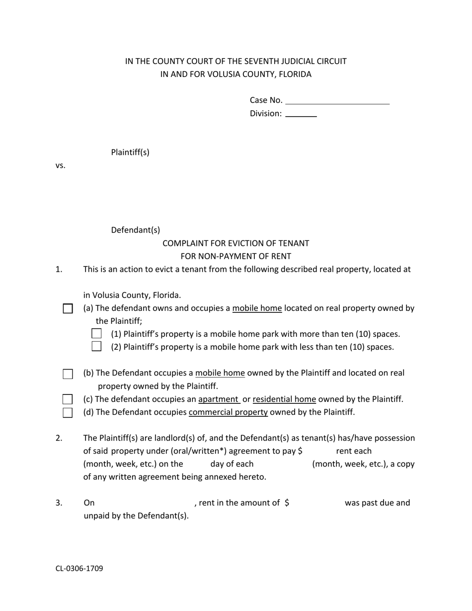 Form CL-0306-1709 Complaint for Eviction of Tenant for Non-payment of Rent - Volusia County, Florida, Page 1