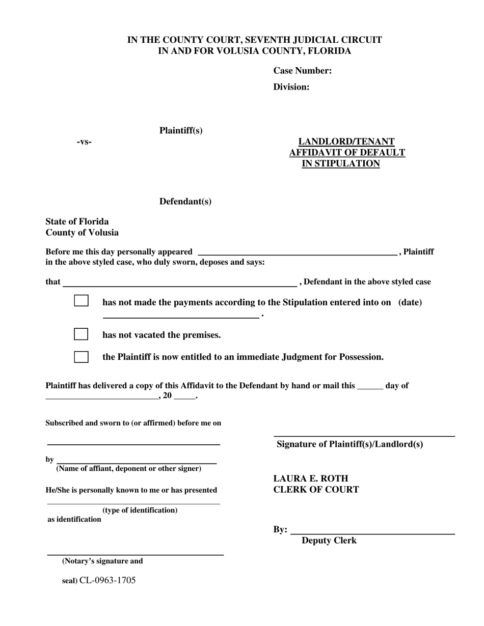 Form CL-0963-1705 Landlord / Tenant Affidavit of Default in Stipulation - Volusia County, Florida, Page 1