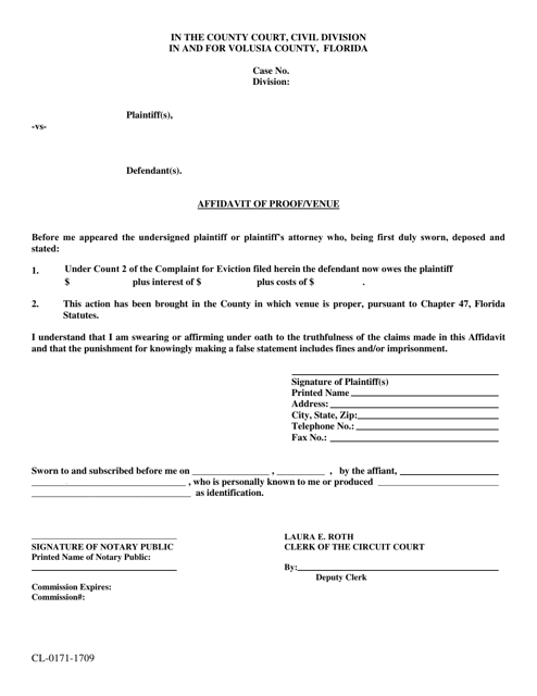 Form CL-0171-1709 Affidavit of Proof/Venue - Eviction - Volusia County, Florida