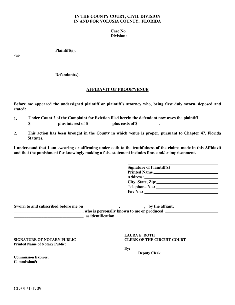 Form CL-0171-1709 Affidavit of Proof / Venue - Eviction - Volusia County, Florida, Page 1