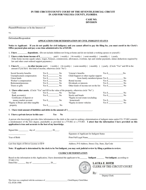 Form CL-0326-1906 Application for Determination of Civil Indigent Status - Volusia County, Florida
