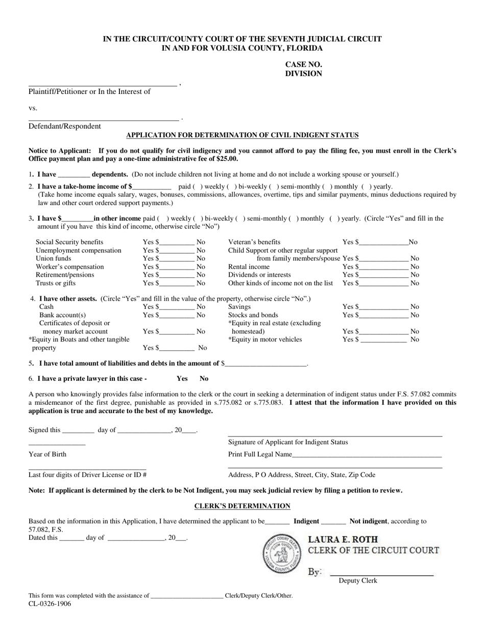 Form CL-0326-1906 Application for Determination of Civil Indigent Status - Volusia County, Florida, Page 1