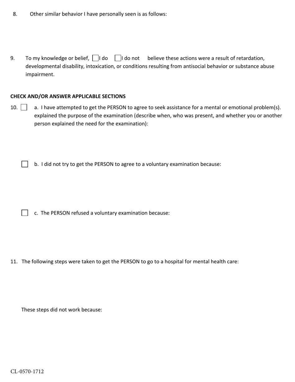 Form CL-0570-1712 Petition and Affidavit Seeking Ex Parte Order Requiring Involuntary Examination - Volusia County, Florida, Page 3