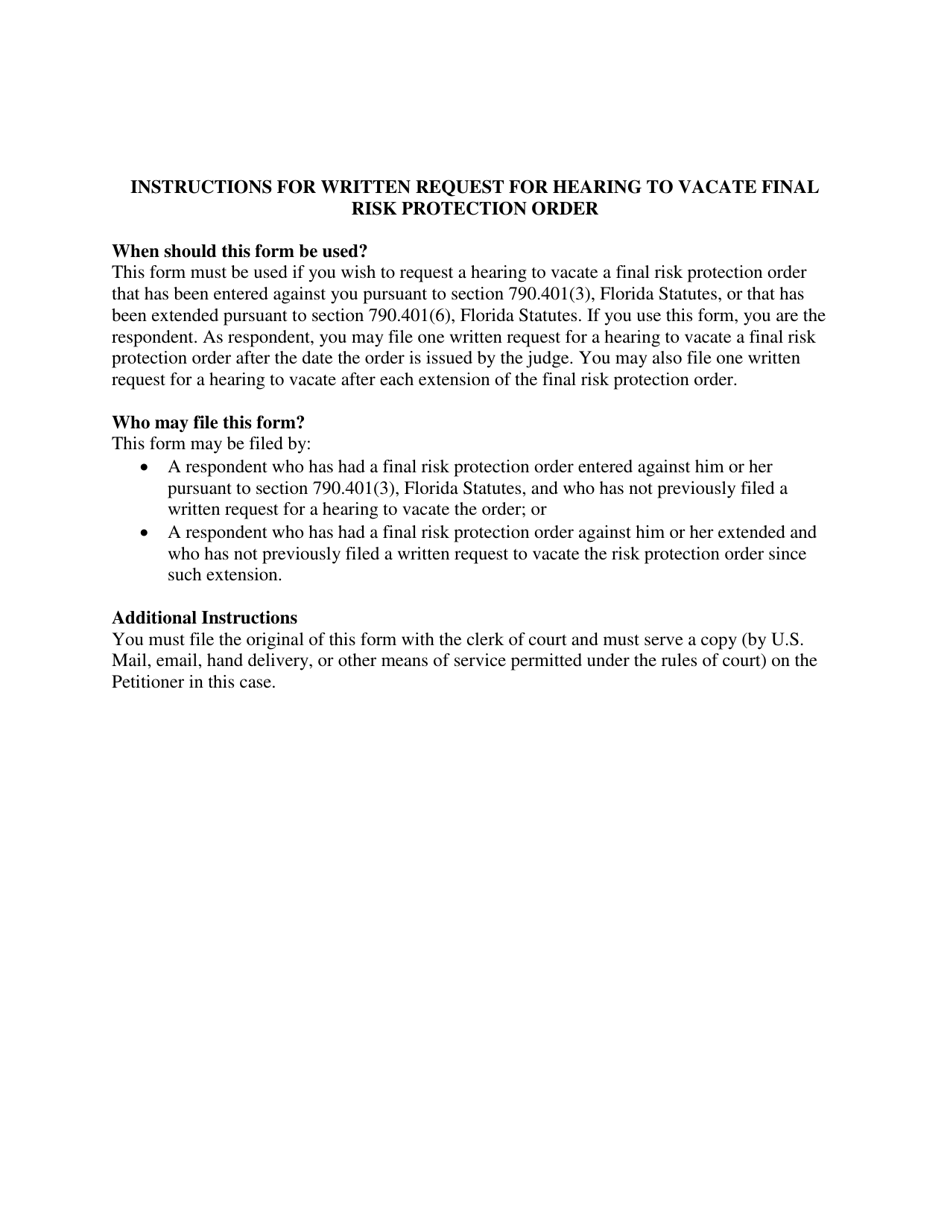 Request for Hearing to Vacate Final Risk Protection Order - Volusia County, Florida, Page 1