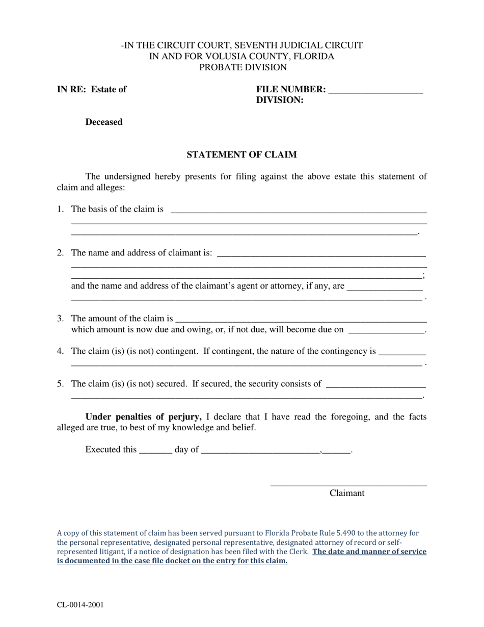 Form CL-0014-2001 Statement of Claim - Volusia County, Florida, Page 1