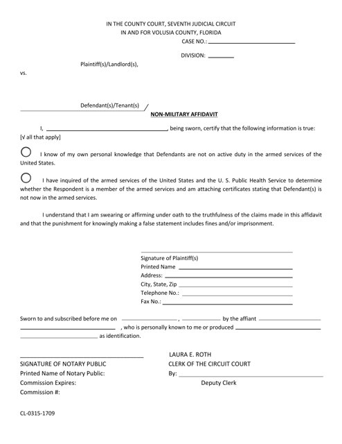 Form CL-0315-1709 Non-military Affidavit - Volusia County, Florida