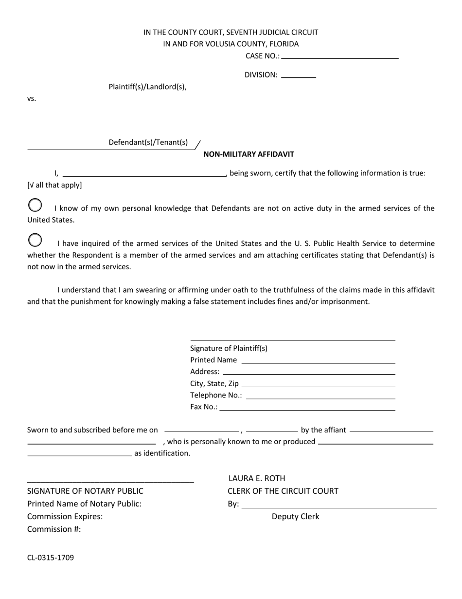 Form CL-0315-1709 Non-military Affidavit - Volusia County, Florida, Page 1
