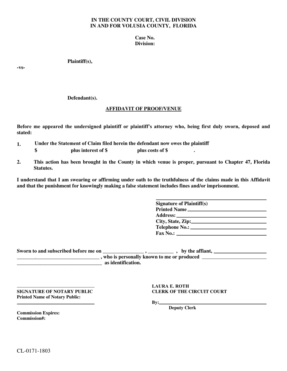 Form CL-0171-1803 Affidavit of Proof / Venue - Volusia County, Florida, Page 1