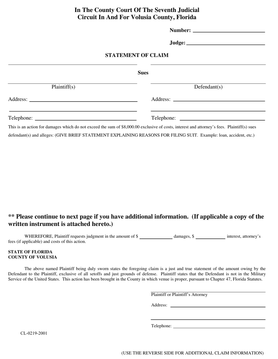 Form CL-0219-2001 Statement of Claim - Volusia County, Florida, Page 1