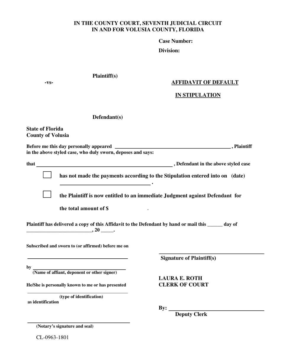 Form CL-0963-1801 Affidavit of Default in Stipulation - Volusia County, Florida, Page 1