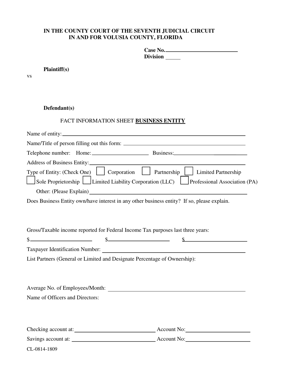 Form CL-0814-1809 Fact Information Sheet Business Entity - Volusia County, Florida, Page 1