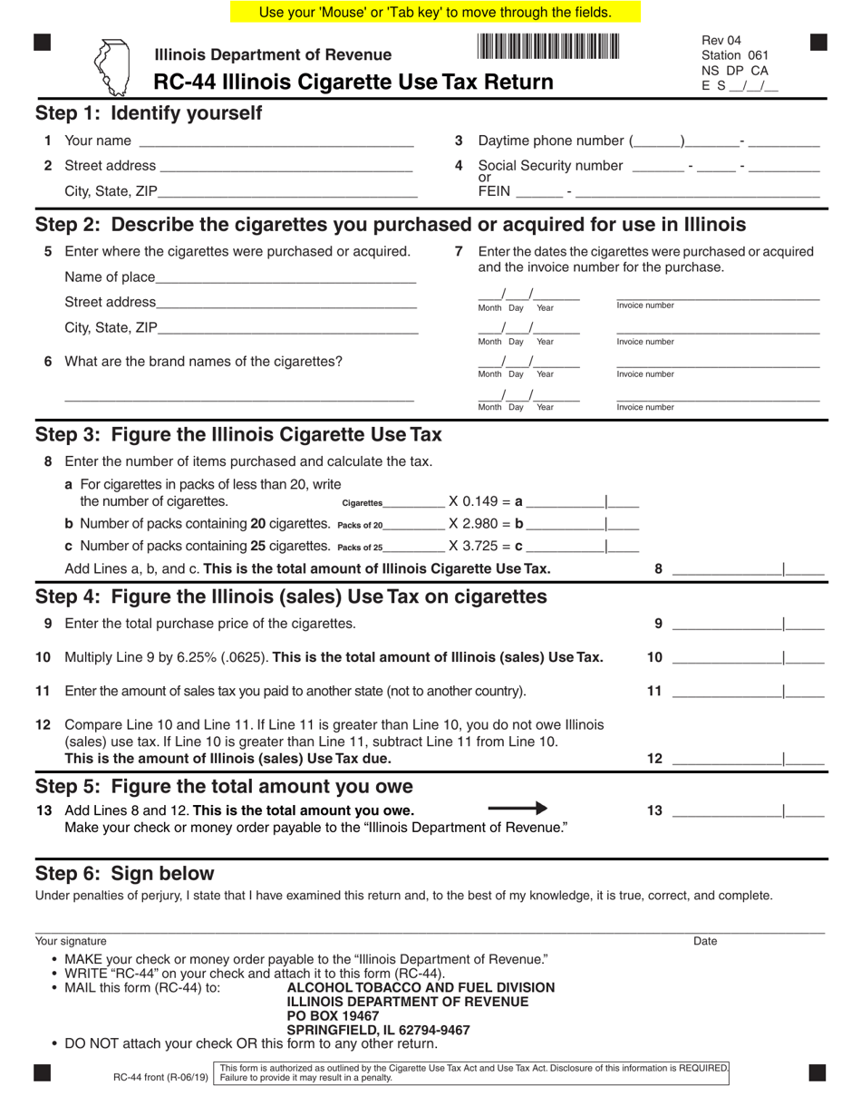 Form RC-44 Cigarette Use Tax Return - Illinois, Page 1