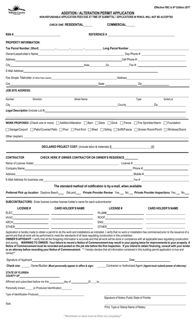 Addition / Alteration Permit Application - Volusia County, Florida Download Pdf