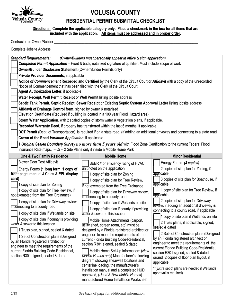 Residential Permit Submittal Checklist - Volusia County, Florida, Page 1