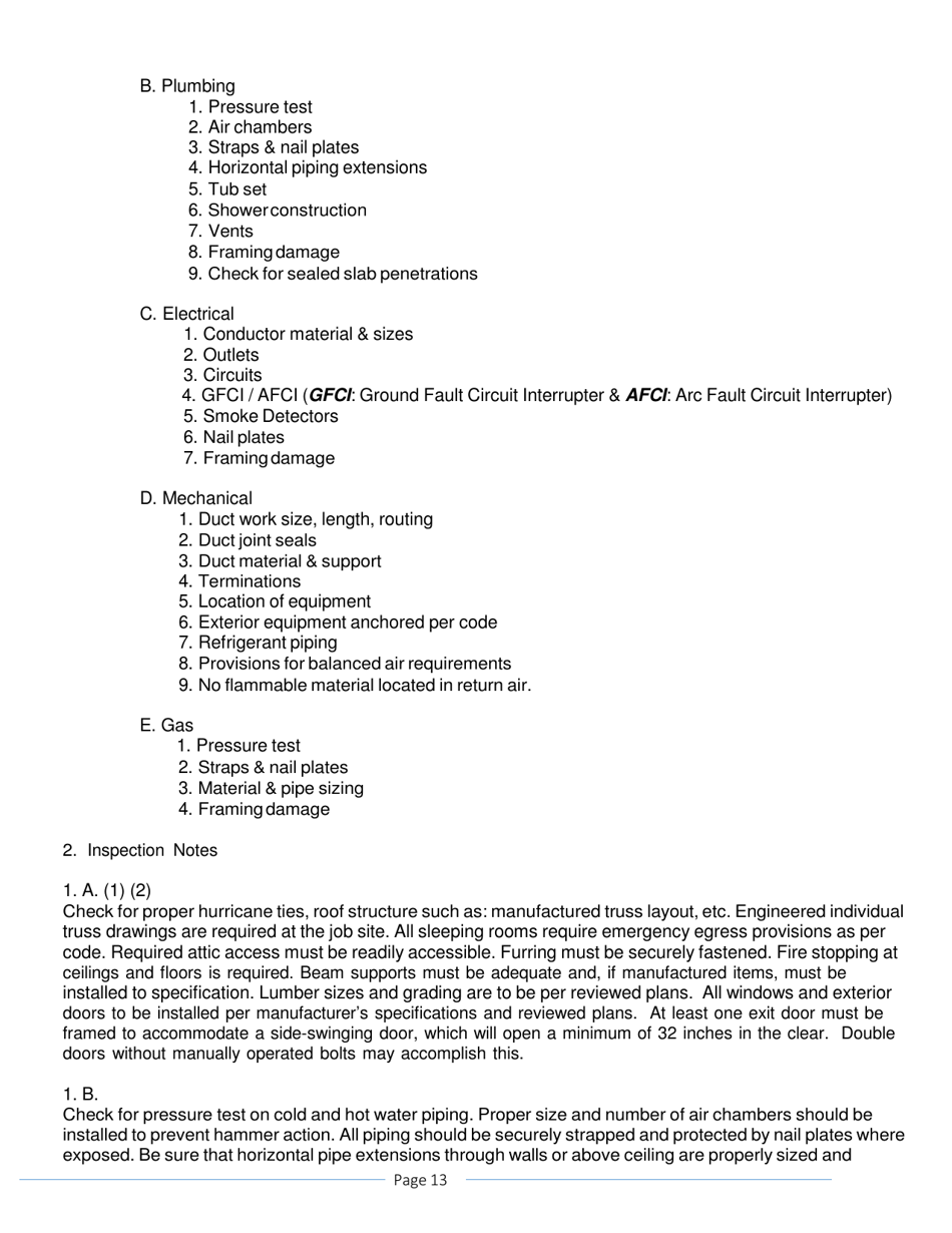 One and Two Family Dwelling Inspection Checklist - Volusia County, Florida, Page 13