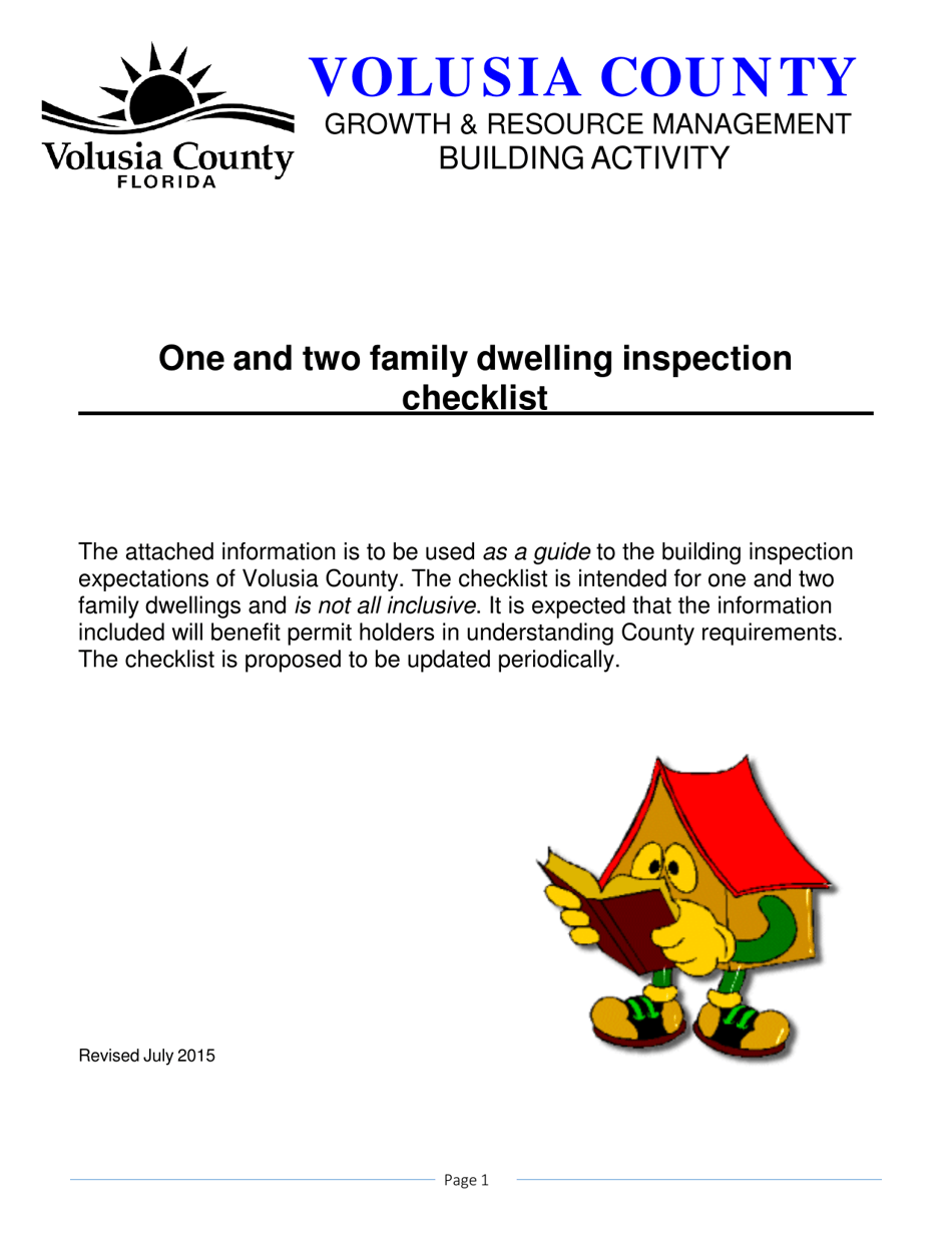 One and Two Family Dwelling Inspection Checklist - Volusia County, Florida, Page 1