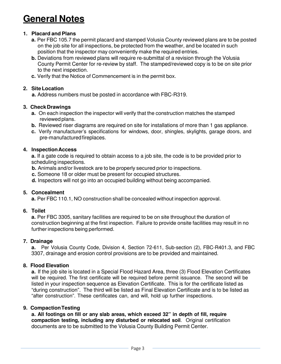 One and Two Family Dwelling Inspection Checklist - Volusia County, Florida, Page 3