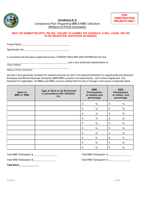Schedule D Affidavit of Prime Contractor: Compliance Plan Regarding Mbe&wbe Utilization - City of Chicago, Illinois