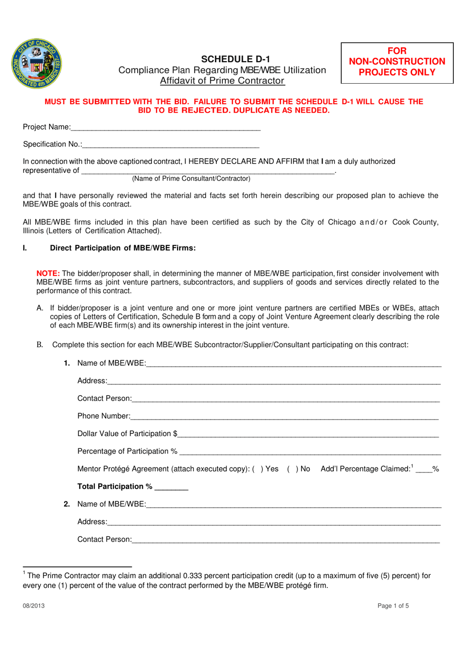 Schedule D-1 Affidavit of Prime Contractor: Compliance Plan Regarding Mbe / Wbe Utilization - City of Chicago, Illinois, Page 1