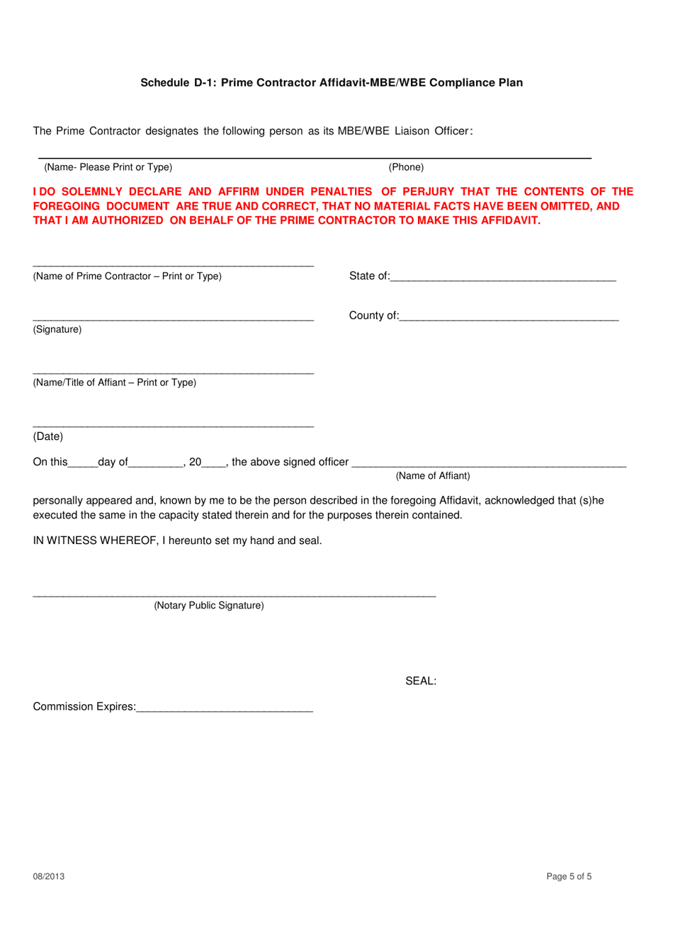 Schedule D-1 Affidavit of Prime Contractor: Compliance Plan Regarding Mbe / Wbe Utilization - City of Chicago, Illinois, Page 5