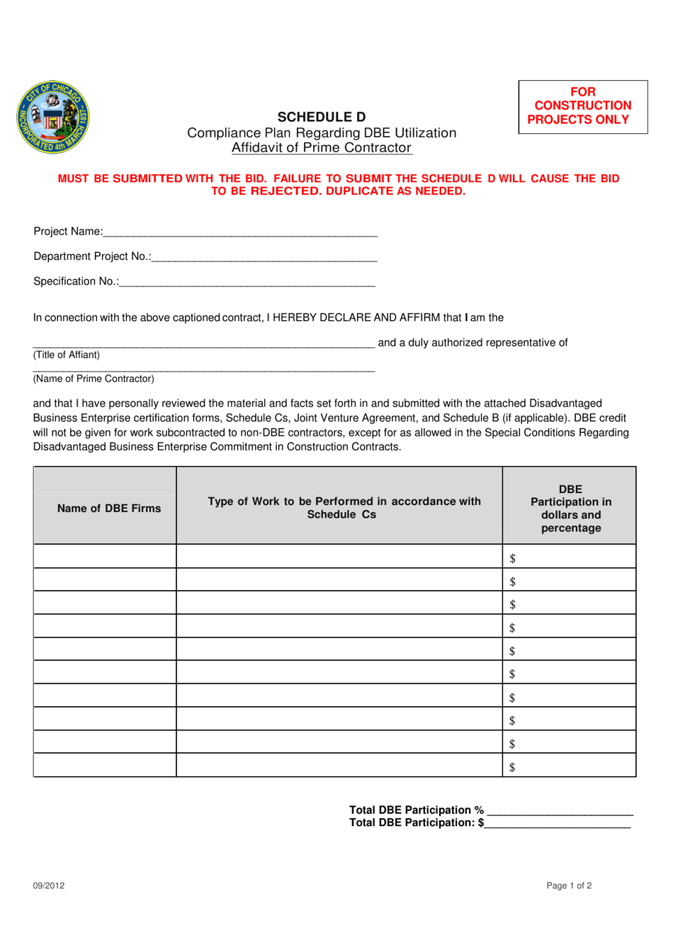 Schedule D Affidavit of Prime Contractor: Compliance Plan Regarding Dbe Utilization - City of Chicago, Illinois, Page 1