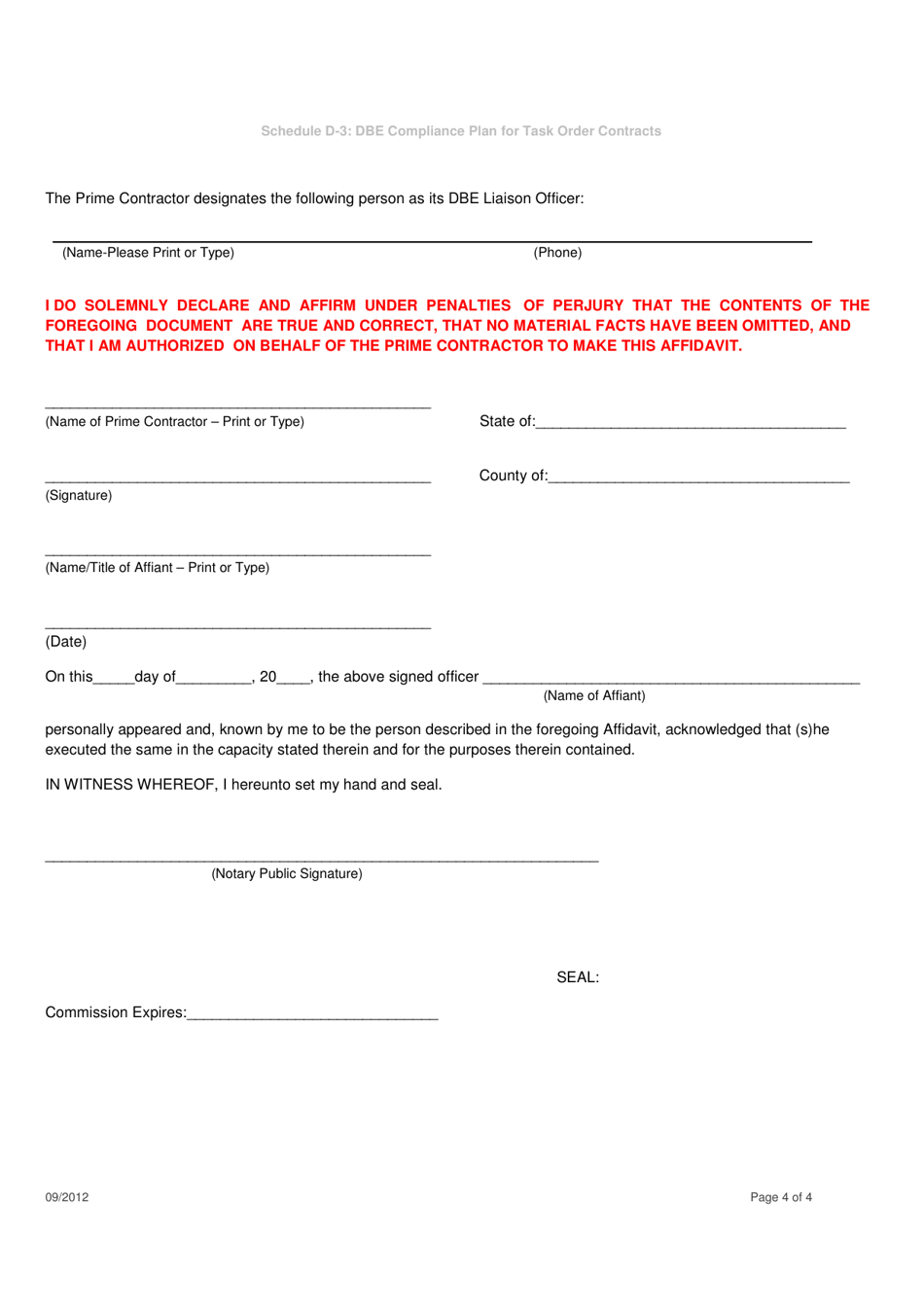 Schedule D-3 Task Order Services Contracts: Compliance Plan for Dbe Commitment Affidavit of Prime Contractor - City of Chicago, Illinois, Page 4