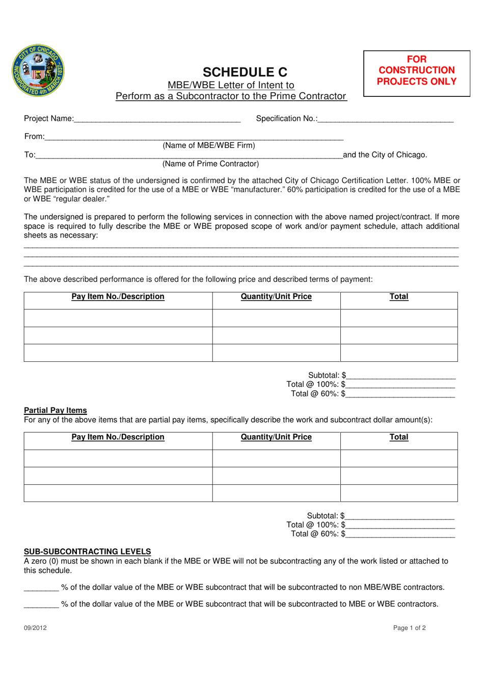 Schedule C Mbe / Wbe Letter of Intent to Perform as a Subcontractor to the Prime Contractor - City of Chicago, Illinois, Page 1