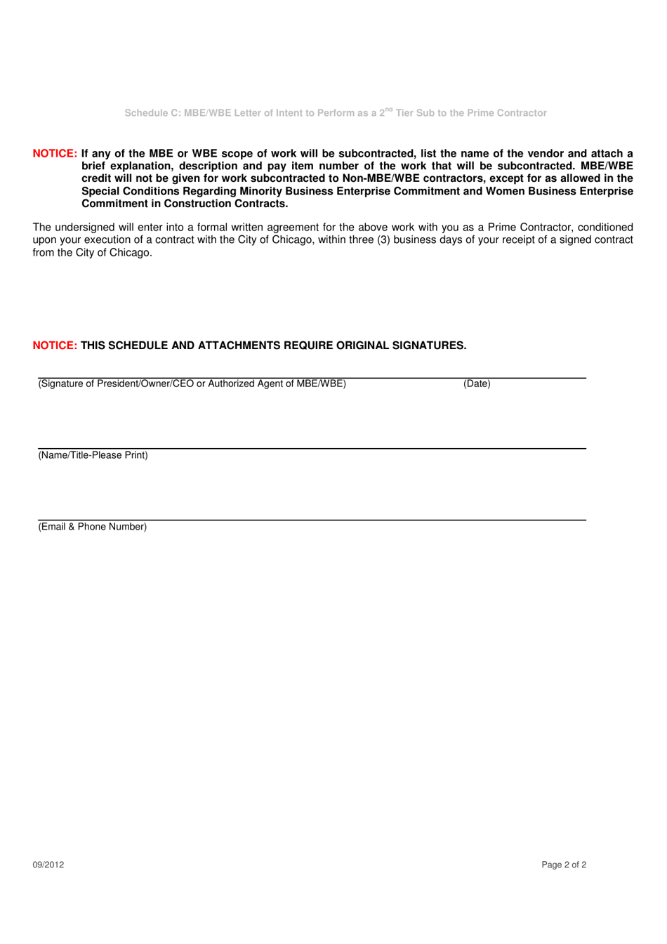 Schedule C Mbe / Wbe Letter of Intent to Perform as a 2nd Tier Subcontractor to the Prime Contractor - City of Chicago, Illinois, Page 2
