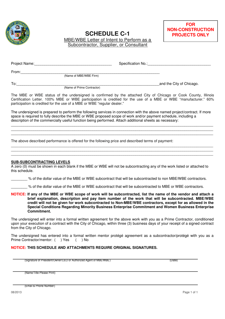 Schedule C-1 Mbe / Wbe Letter of Intent to Perform as a Subcontractor, Supplier, or Consultant - City of Chicago, Illinois, Page 1