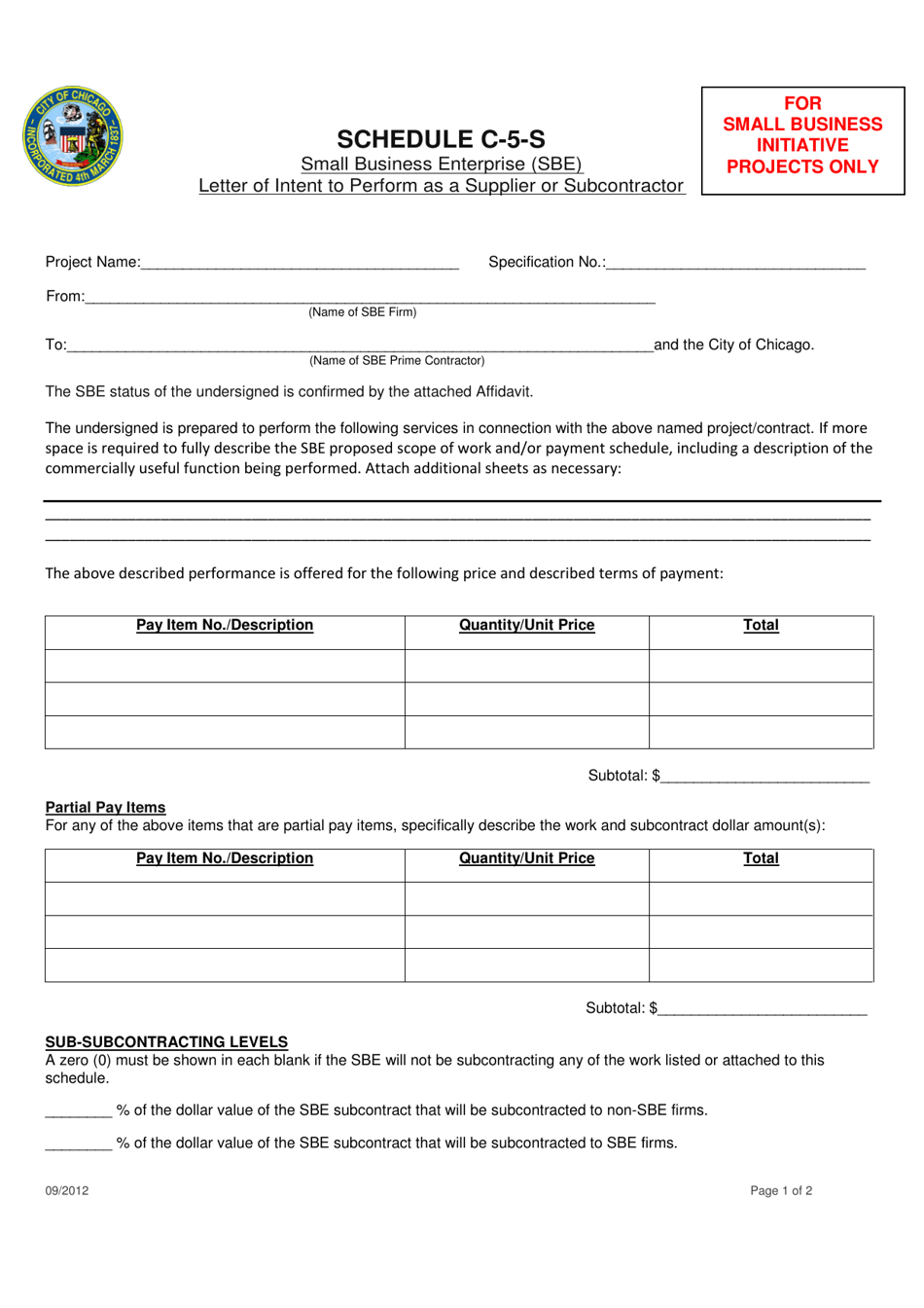 Schedule C-5-S Small Business Enterprise (Sbe) Letter of Intent to Perform as a Supplier or Subcontractor - City of Chicago, Illinois, Page 1