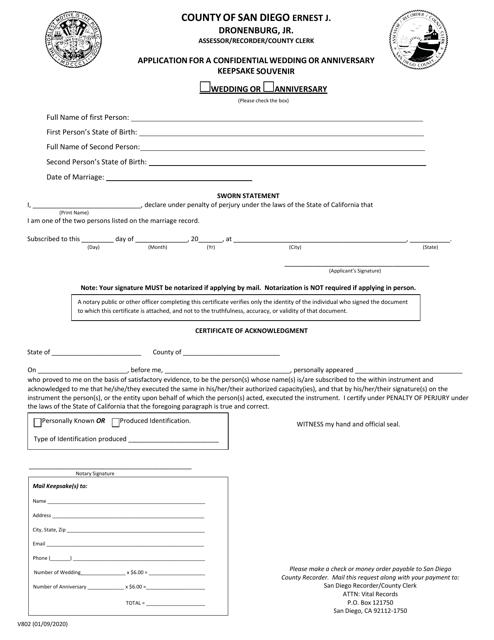 Form V802 Application for a Confidential Wedding or Anniversary Keepsake Souvenir - County of San Diego, California