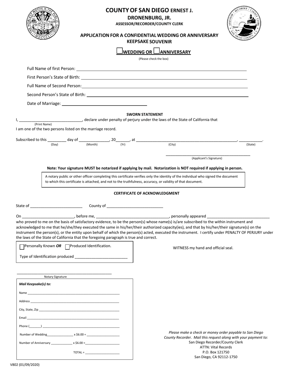 Form V802 Application for a Confidential Wedding or Anniversary Keepsake Souvenir - County of San Diego, California, Page 1
