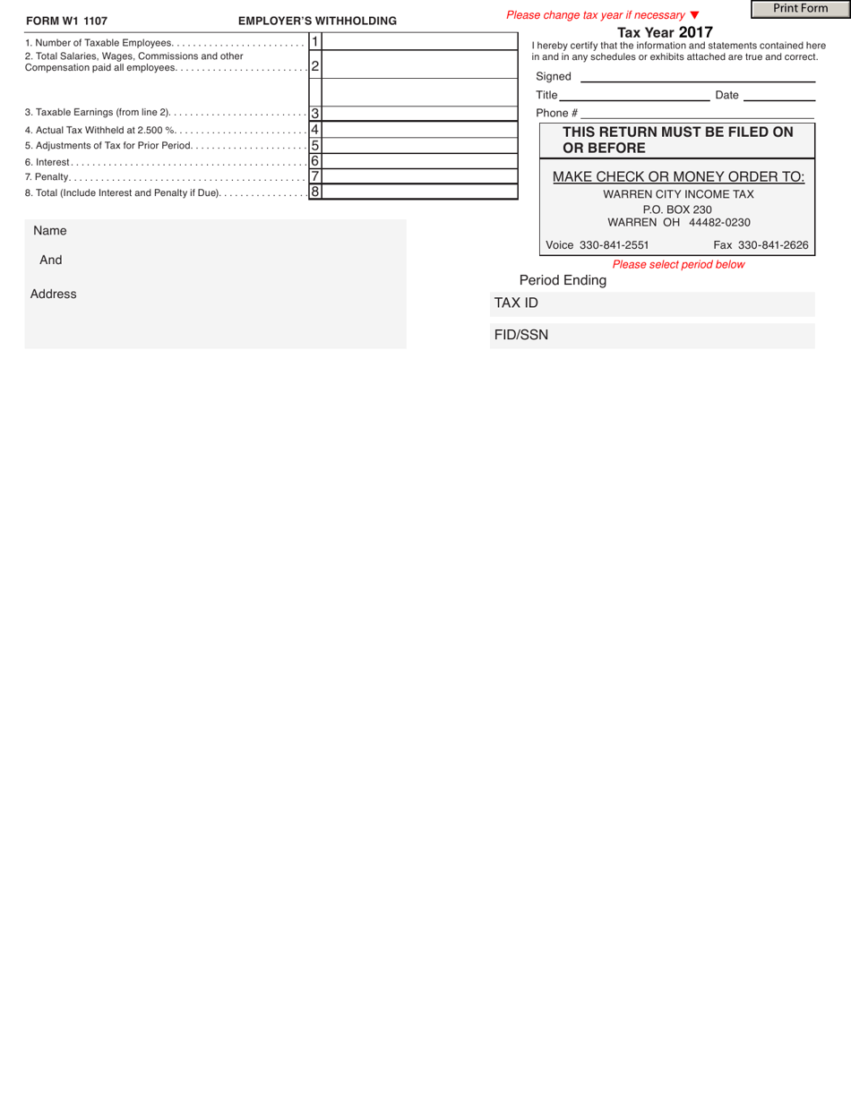 Form W1 Employers Withholding - City of Warren, Ohio, Page 1
