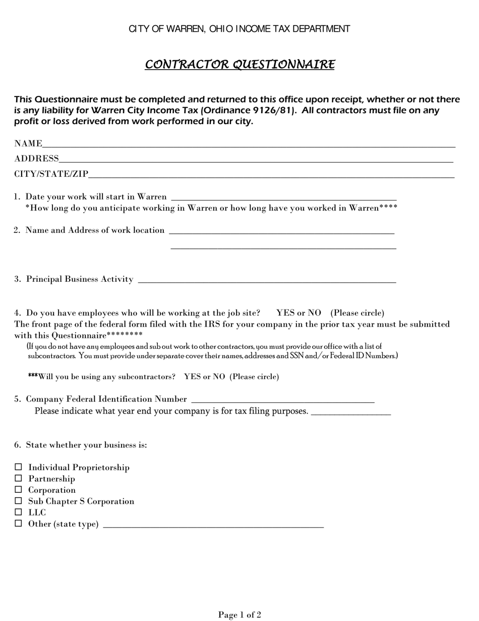 Contractor Questionnaire - City of Warren, Ohio, Page 1