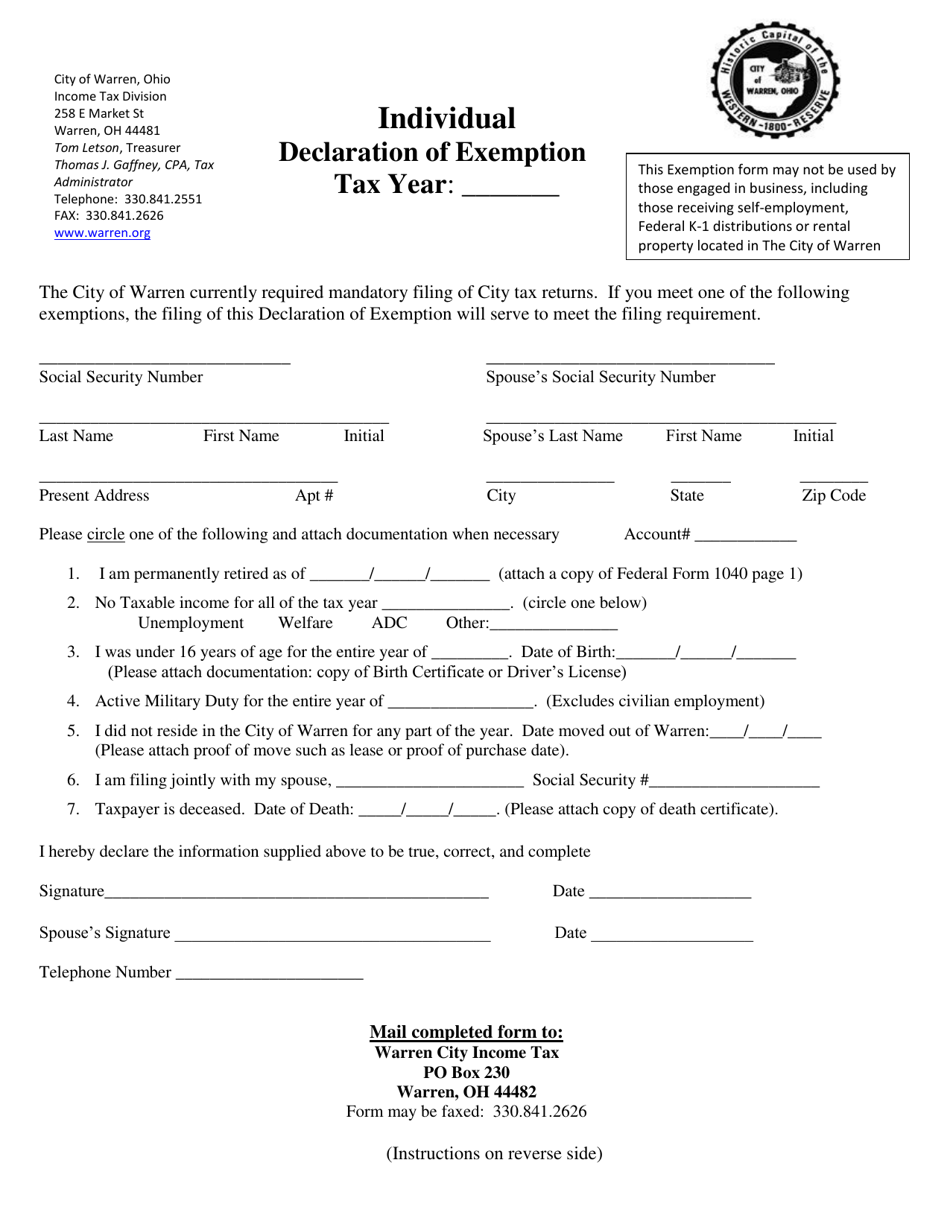 Individual Declaration of Exemption - City of Warren, Ohio, Page 1