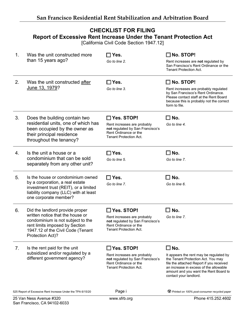 Form 525 Report of Excessive Rent Increase Under the Tenant Protection Act - City and County of San Francisco, California, Page 1